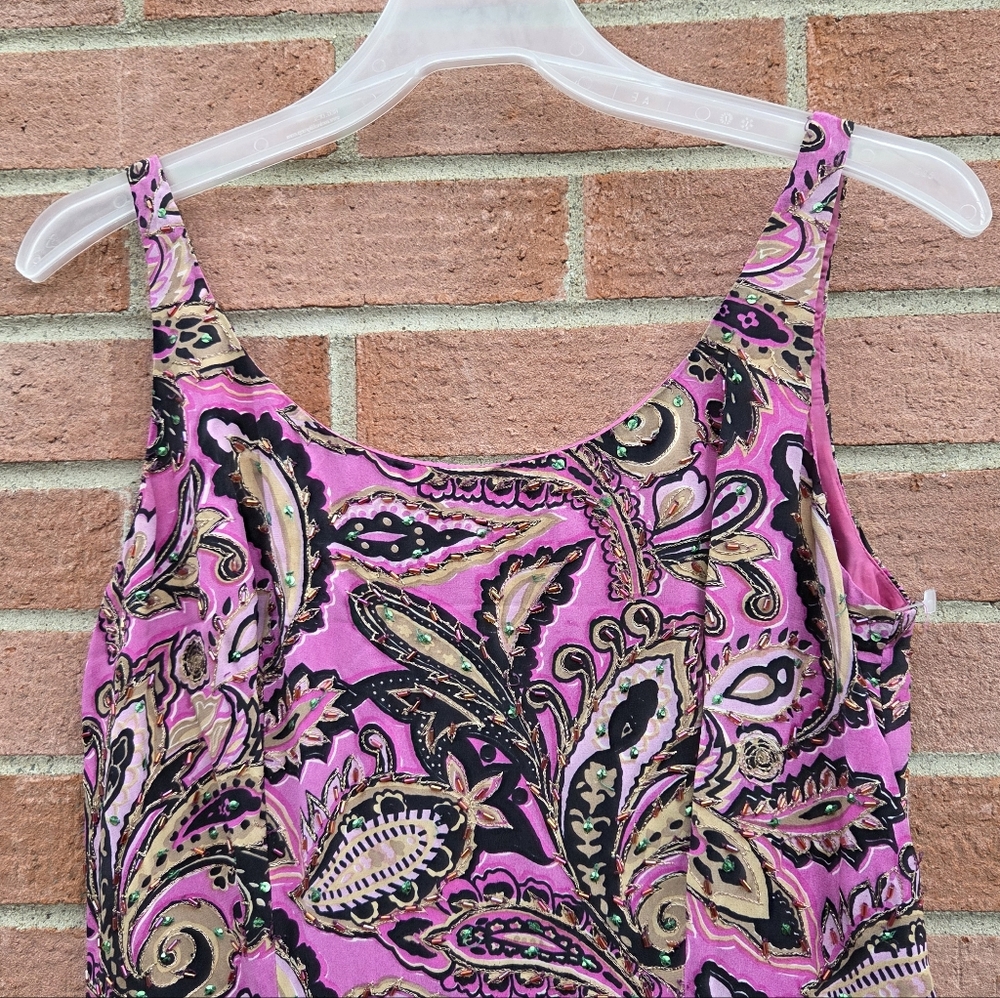Anna Sui Vintage Pink Paisley Sleeveless Sequined Sheath Dress Size 10 2001 - Picture 3 of 7